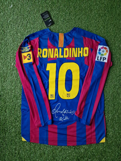 Barcelona football jersey with 'Ronaldinho' and number '10' on a grass-like surface